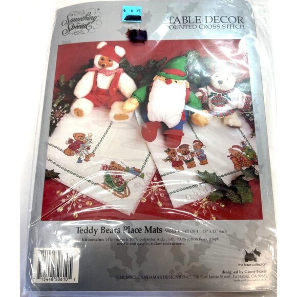 Teddy Bears Counted Cross Stitch Place Mats Kit Set Of 4 18" X 13" Christmas Dec - Picture 1 of 5